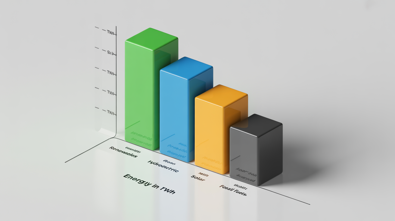 A modern 3D bar chart mockup on a white background, visualizing energy consumption from different sources like renewables, hydroelectric, solar, and fossil fuels, with distinct colored bars.