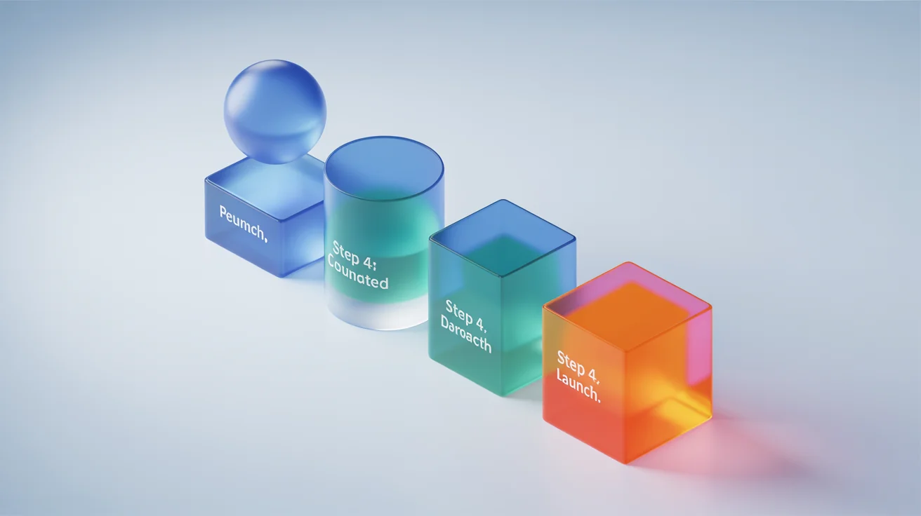 A 3D isometric process map showing four steps, Planning, Design, Development, and Launch, connected by arrows on a white background, symbolizing a clear and organized workflow.