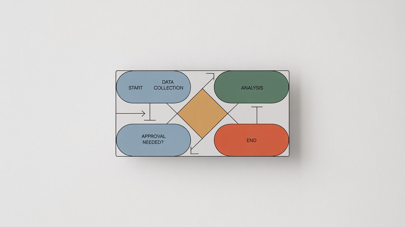 A modern and colorful process map infographic on a white background, showing a workflow with stages like 'START', 'DATA COLLECTION', 'ANALYSIS', and 'END'.