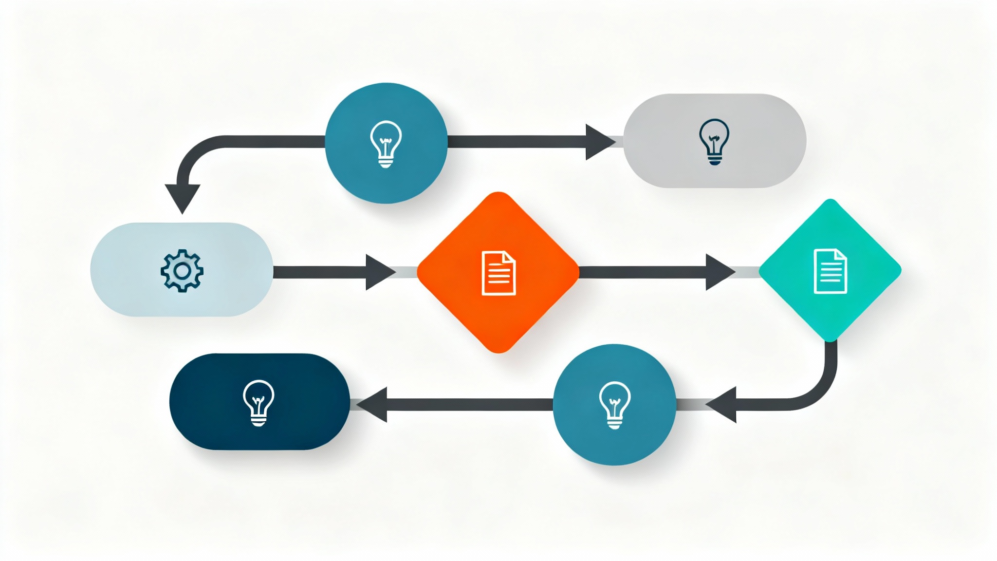 A modern, stylized process map with blue and teal shapes connected by arrows, featuring an orange accent shape, all on a clean white background.