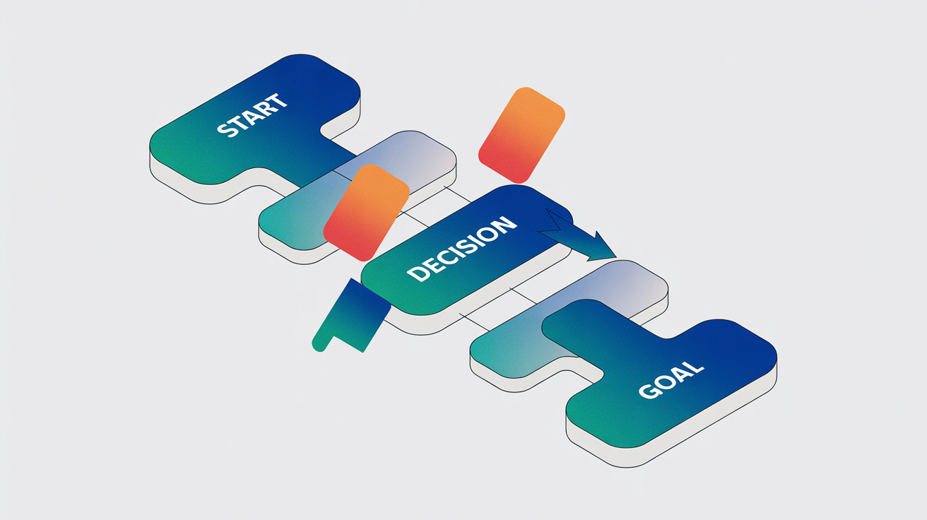 A modern, isometric process map infographic with blue, teal, and orange shapes connected by arrows on a white background, illustrating a workflow from 'Start' to 'Goal'.