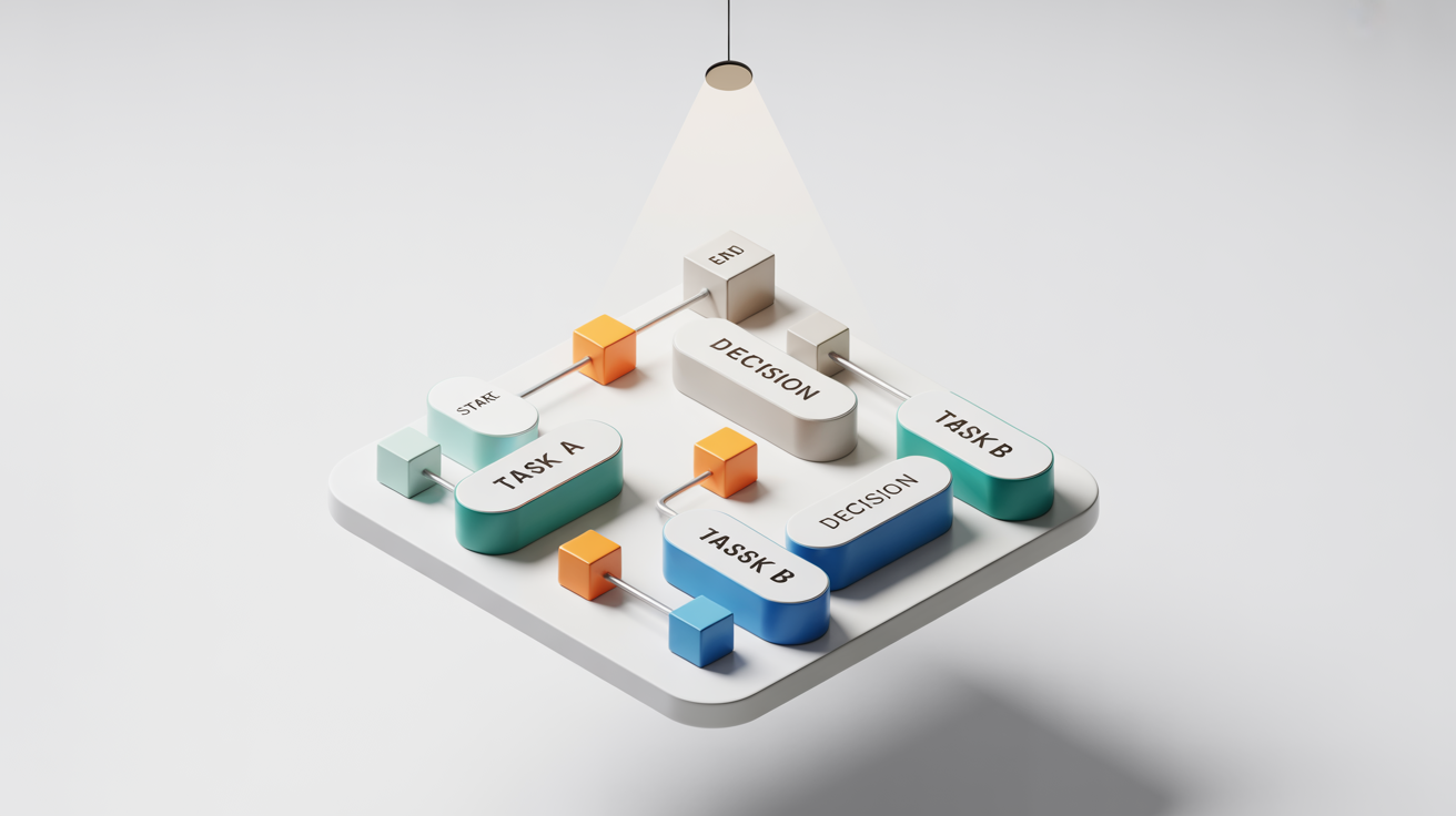 A 3D isometric visualization of a business process map with interconnected blue and teal blocks and legible text like 'Start' and 'End', set against a clean white background.