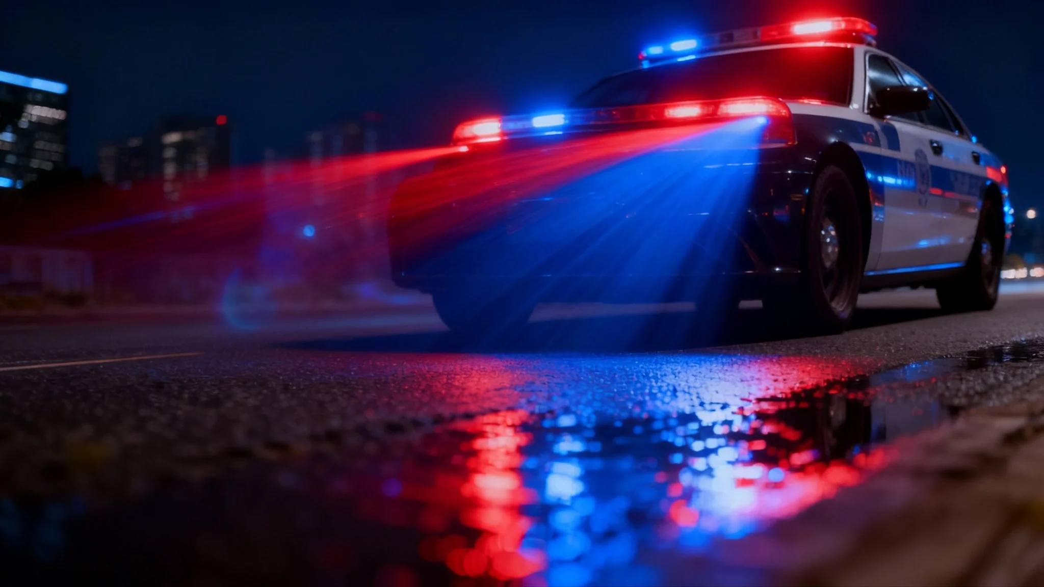 A dramatic night photo of a modern sedan on a wet city street, transformed by a realistic red and blue emergency lights overlay, with the lights reflecting on the car and the pavement.