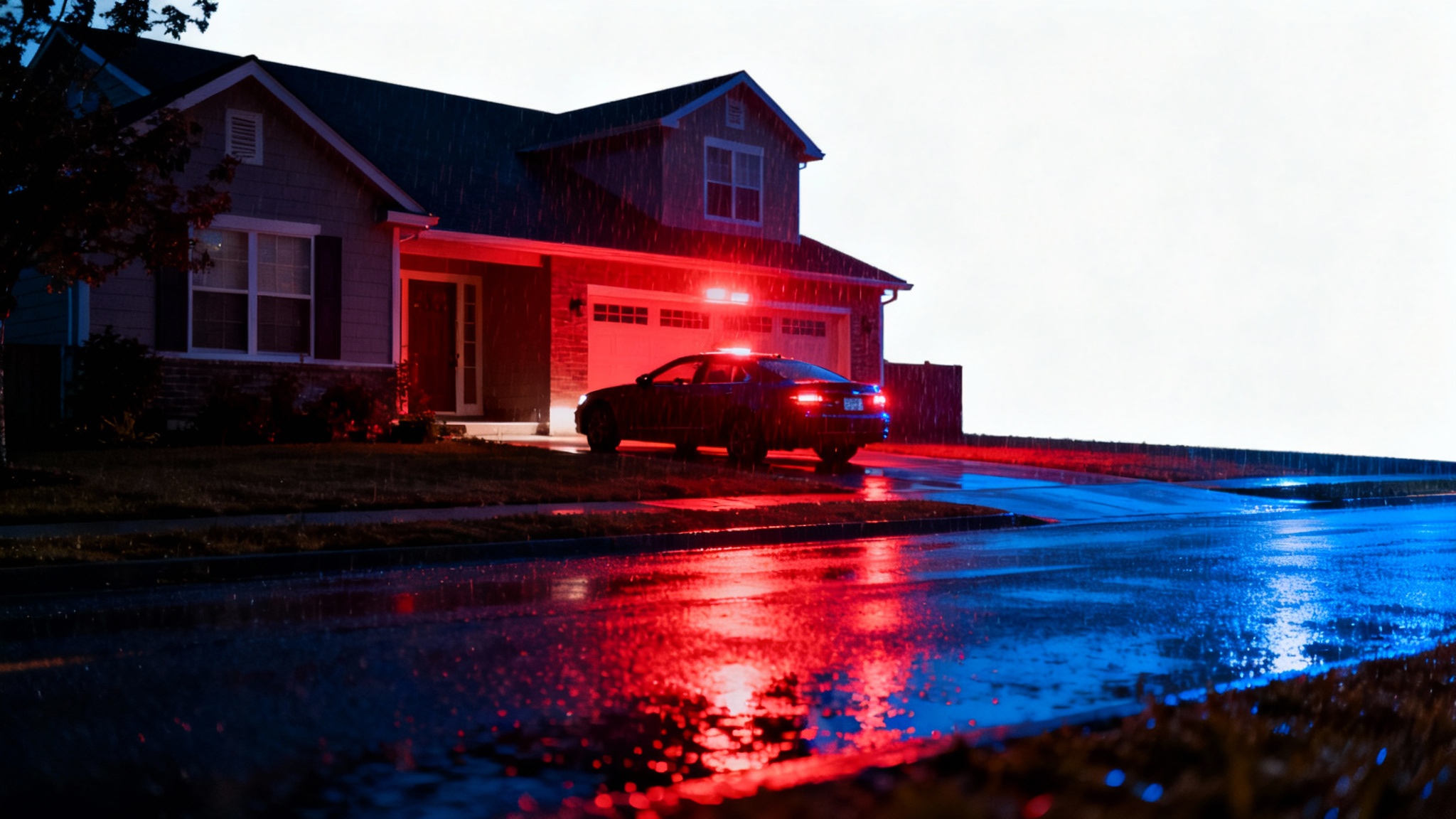A dramatic night scene of a suburban street, illuminated only by the flashing red and blue lights of an emergency vehicle, with long shadows and reflections on wet pavement.