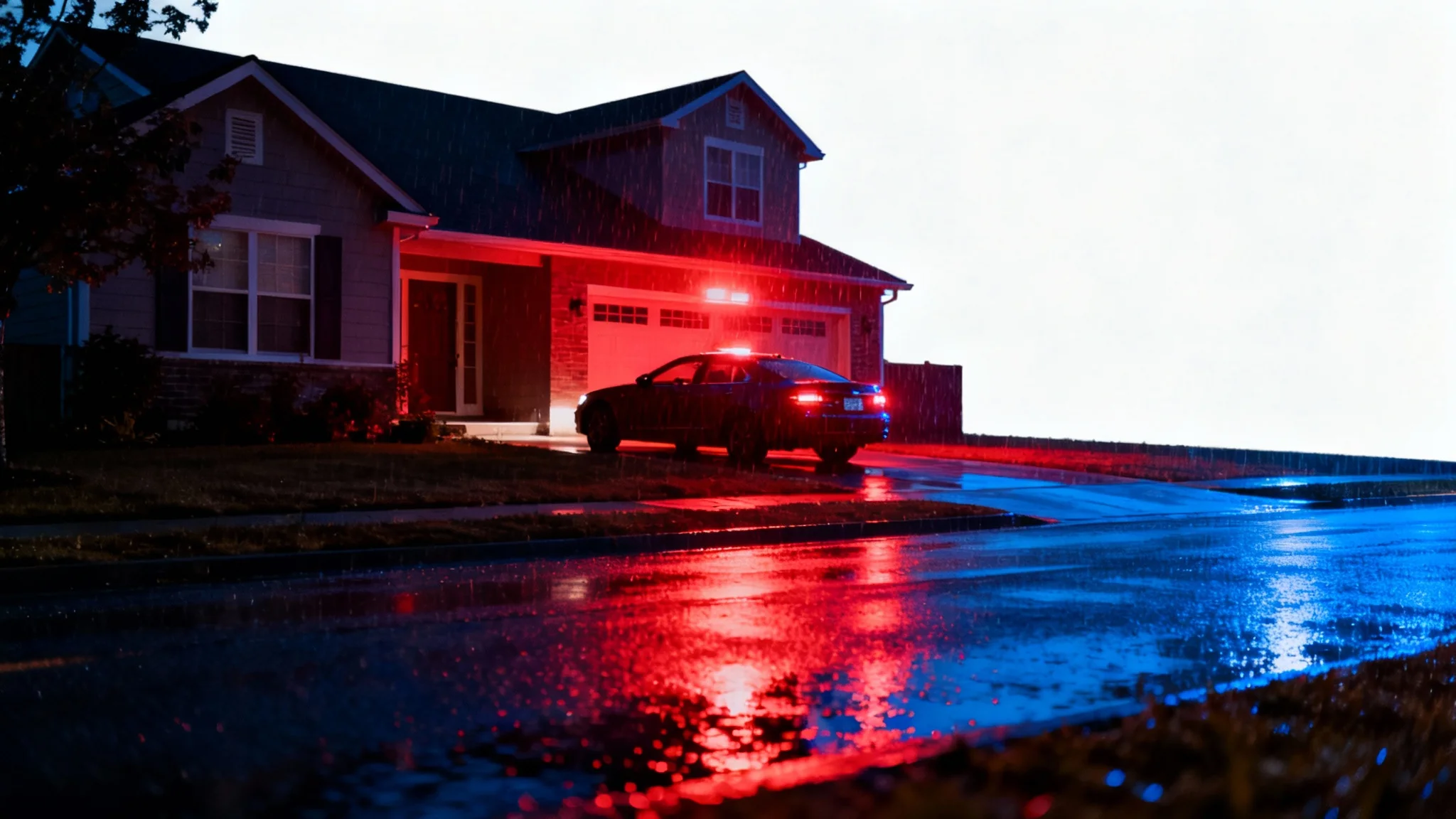 A dramatic night scene of a suburban street, illuminated only by the flashing red and blue lights of an emergency vehicle, with long shadows and reflections on wet pavement.