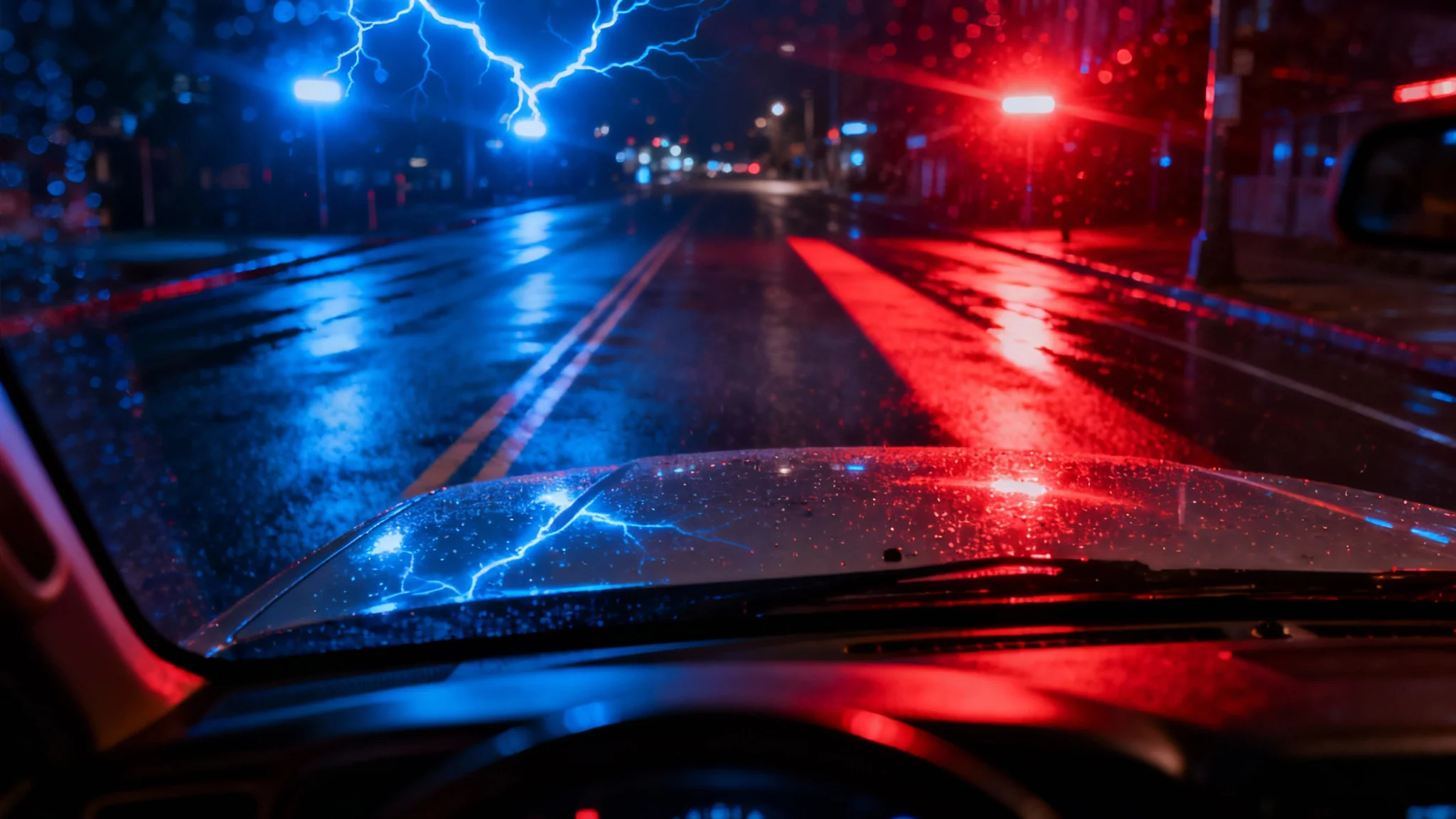A dramatic first-person view from inside a car at night, with the scene illuminated by a flashing red and blue emergency lights overlay, creating a tense and urgent atmosphere.