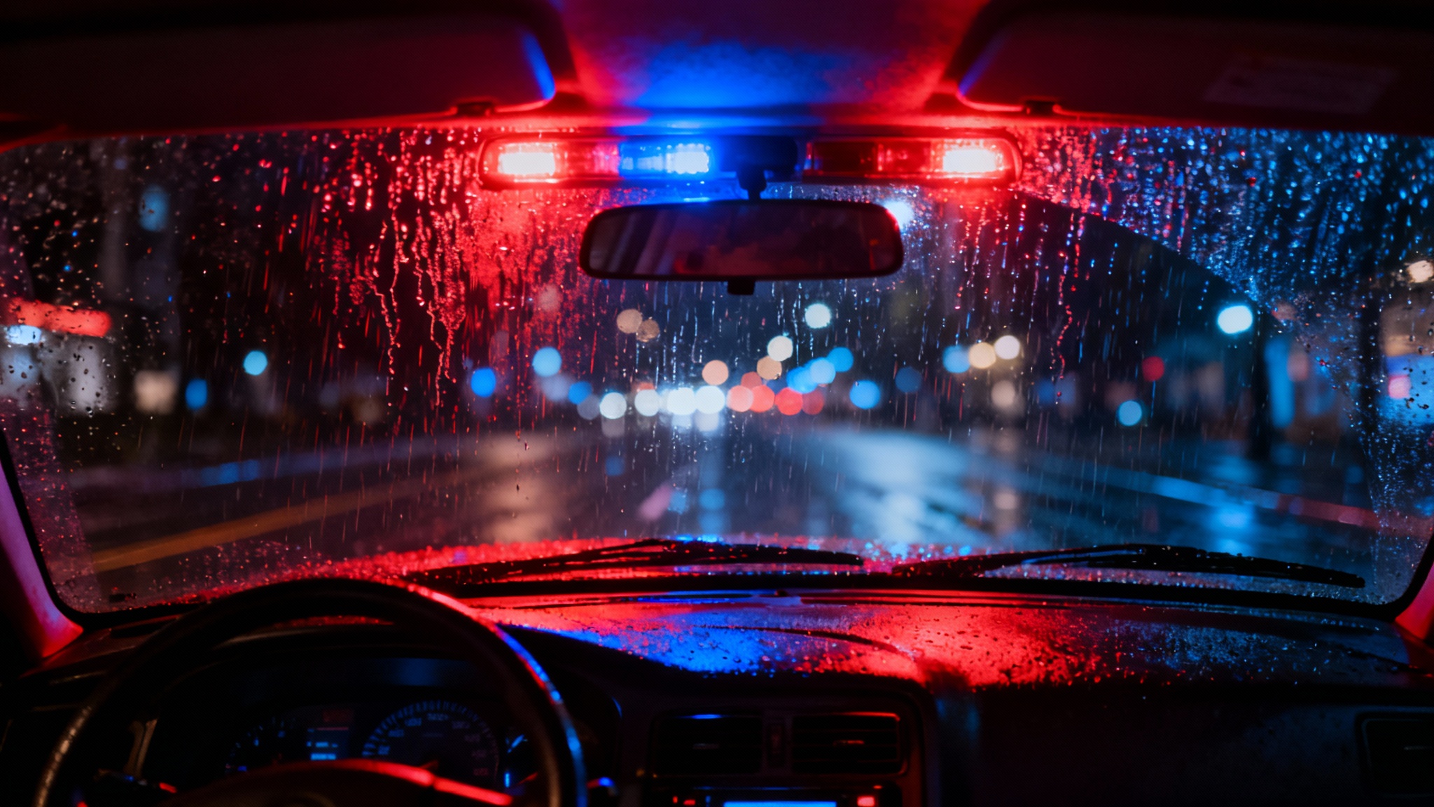A dramatic point-of-view shot from inside a car at night, looking through a rainy windshield as flashing red and blue emergency lights illuminate the wet city street ahead.