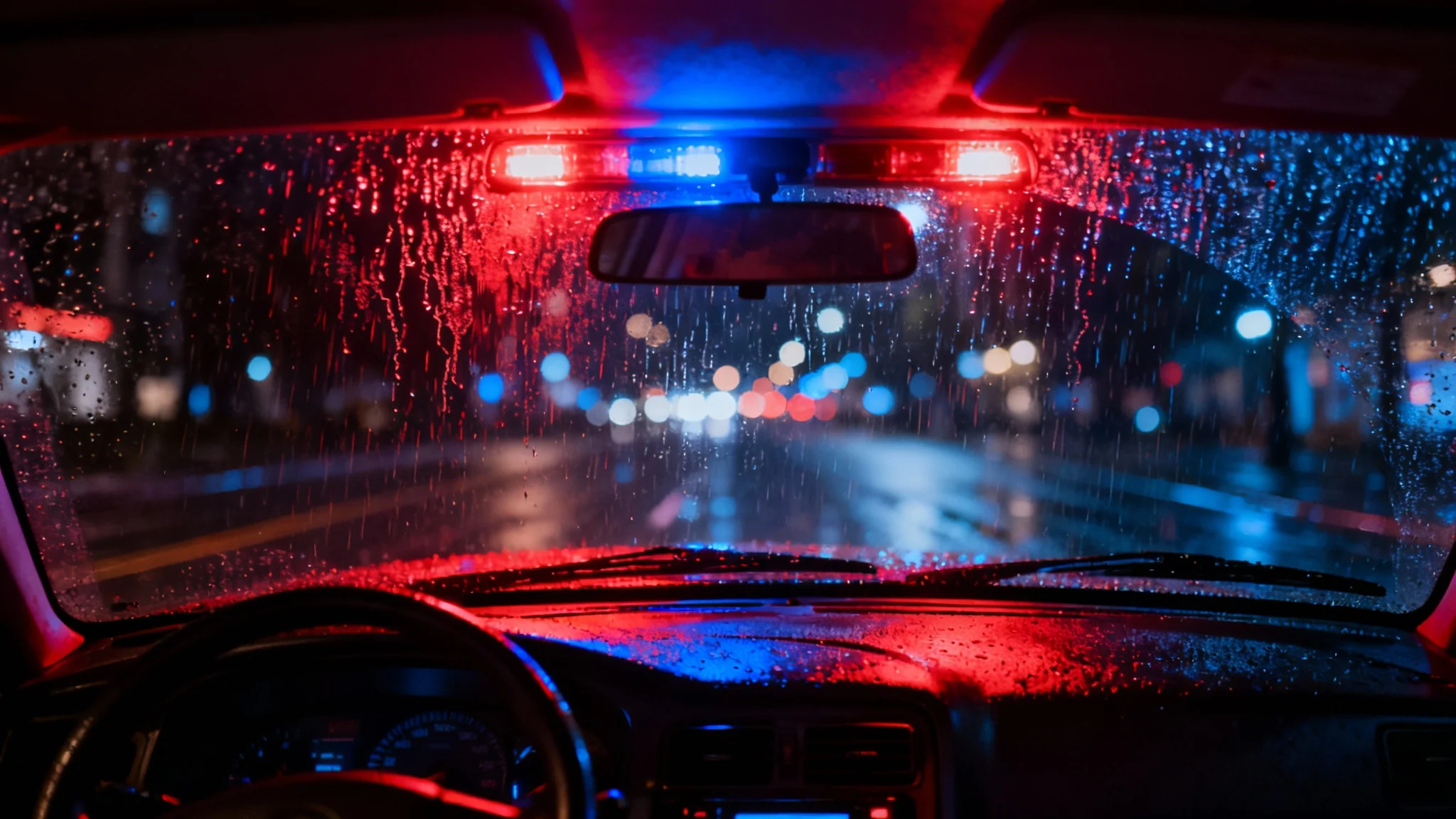 A dramatic point-of-view shot from inside a car at night, looking through a rainy windshield as flashing red and blue emergency lights illuminate the wet city street ahead.