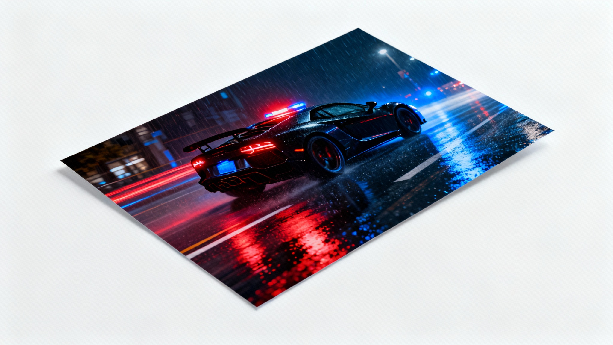 A dramatic image of a black sports car on a wet city street at night, with a powerful red and blue emergency lights overlay effect creating intense reflections.