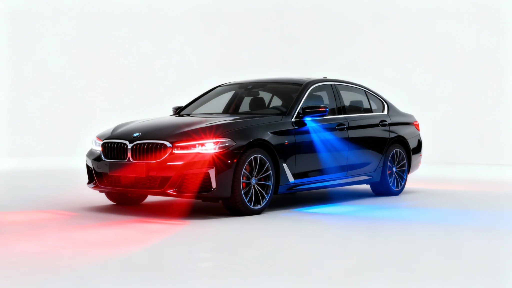 A photorealistic image of a black car on a white background with a vibrant red and blue emergency light effect cast over it, creating strong reflections.