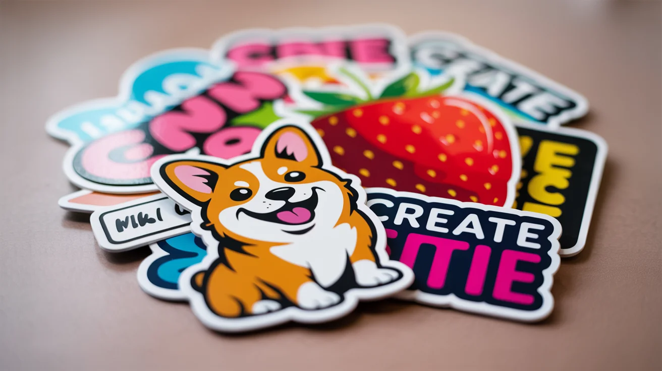 A collection of three professionally made die-cut stickers with thick white outlines, featuring a cartoon corgi, a realistic strawberry, and the word 'CREATE', demonstrating a sticker outline generator.