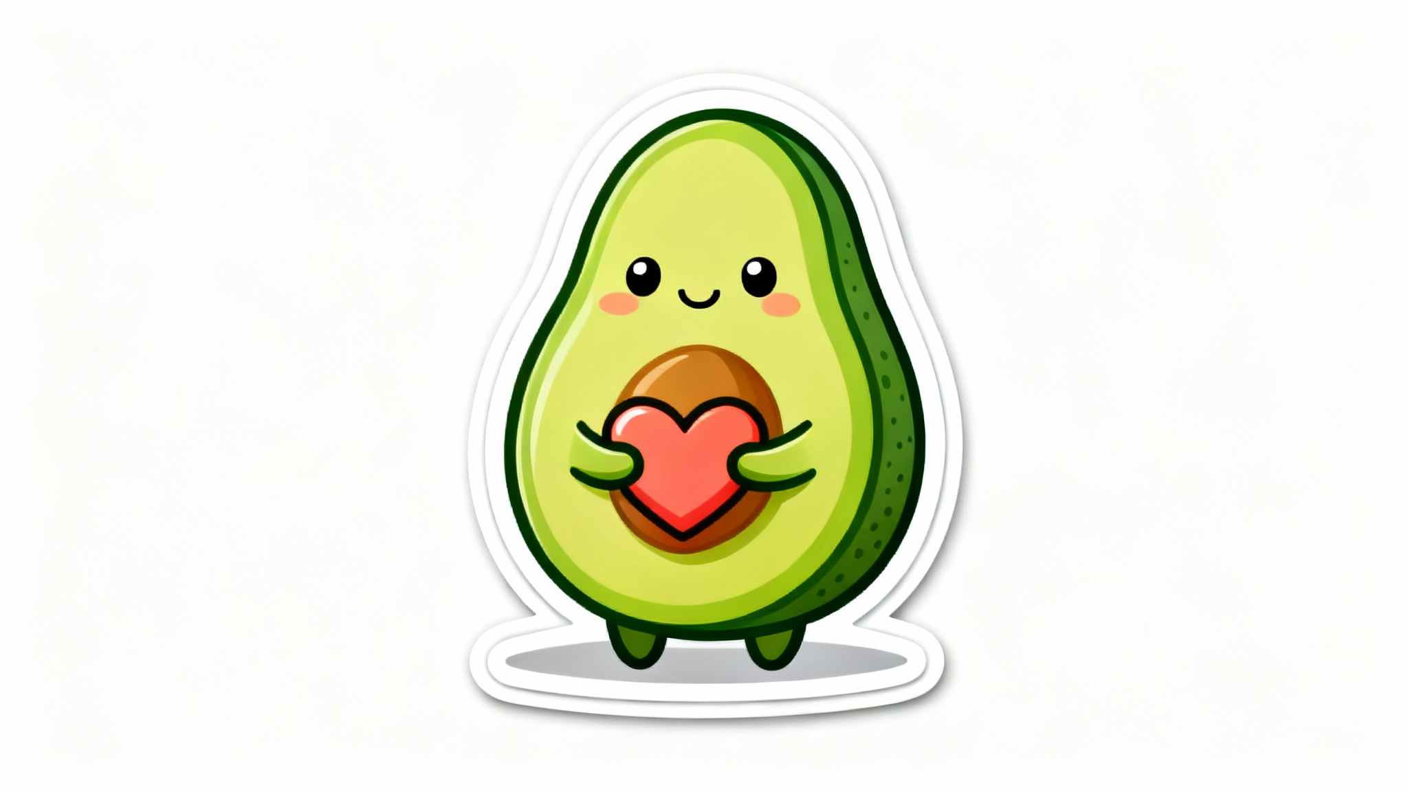 A cute cartoon avocado sticker with a thick white die-cut outline around it, shown on a clean white background to demonstrate a sticker outline effect.