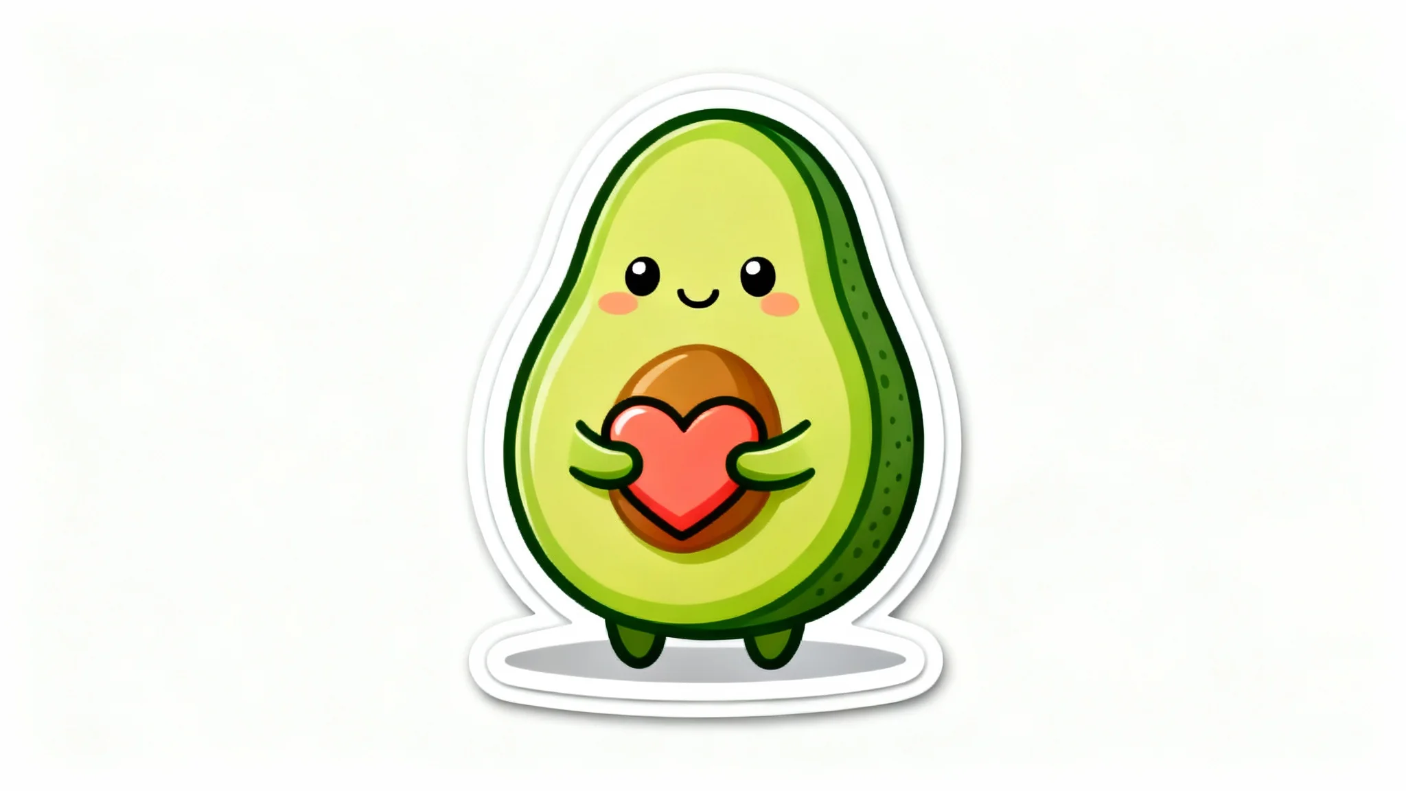 A cute cartoon avocado sticker with a thick white die-cut outline around it, shown on a clean white background to demonstrate a sticker outline effect.
