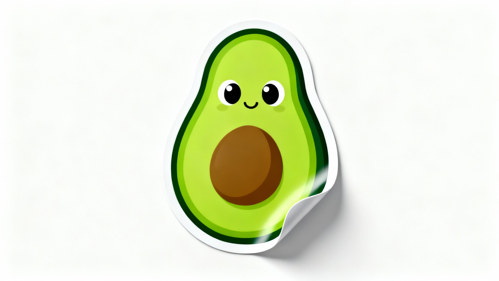 A photorealistic mockup of a cute cartoon avocado die-cut sticker, featuring a thick white outline, set against a plain white background.