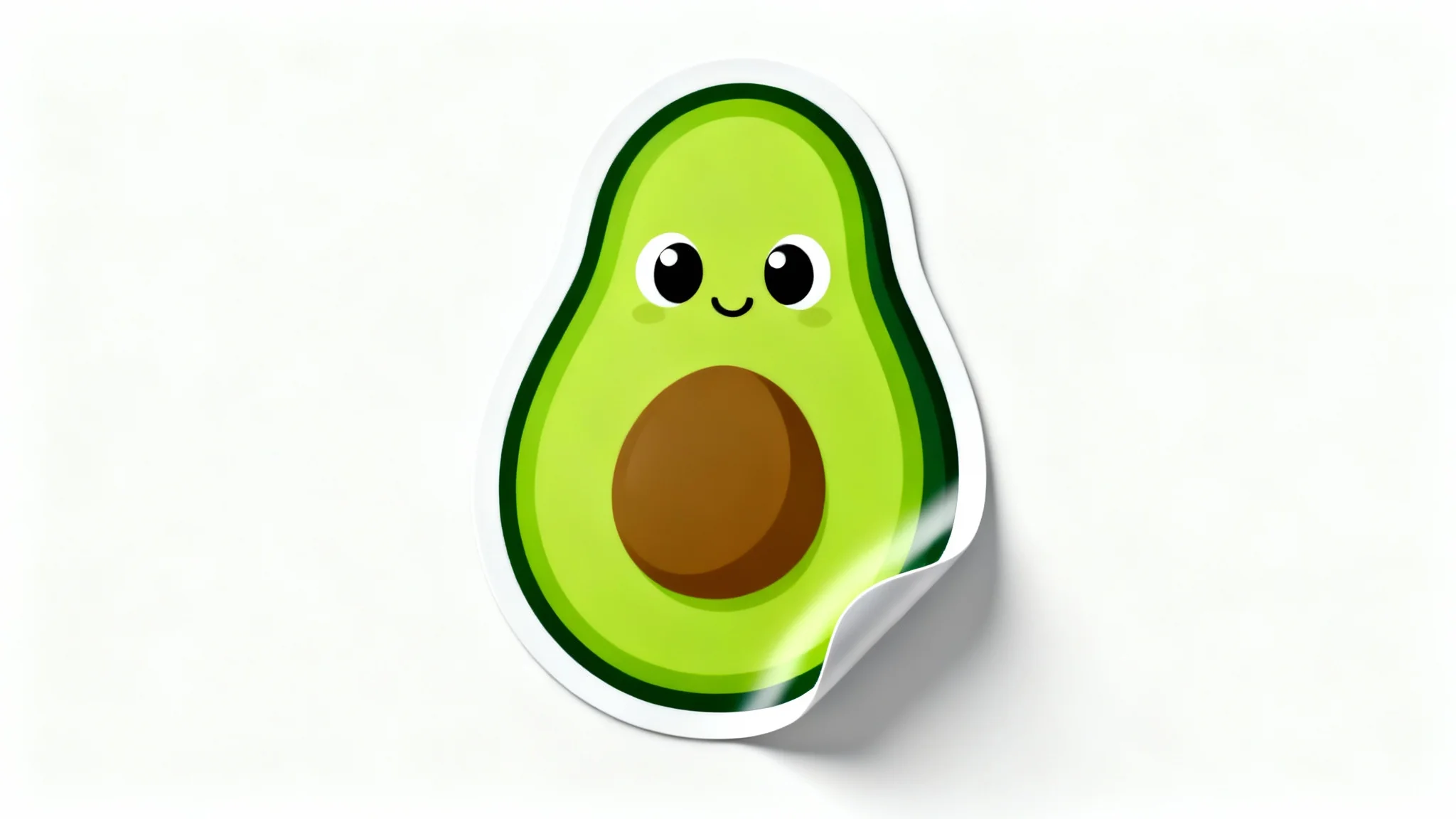 A photorealistic mockup of a cute cartoon avocado die-cut sticker, featuring a thick white outline, set against a plain white background.