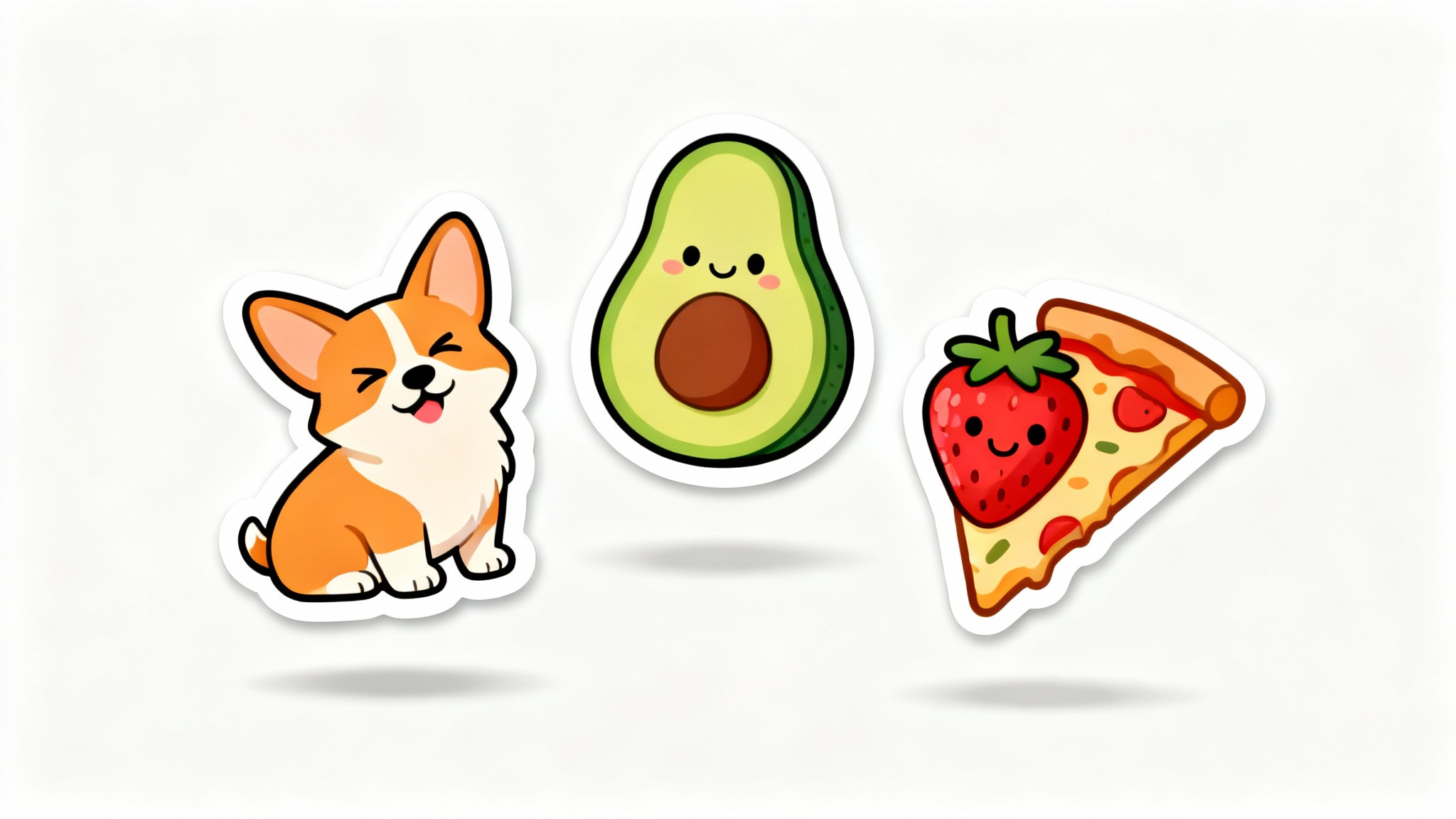 A collection of colorful, cartoon-style die-cut stickers with prominent white outlines, arranged on a plain white background to showcase the sticker outline effect.