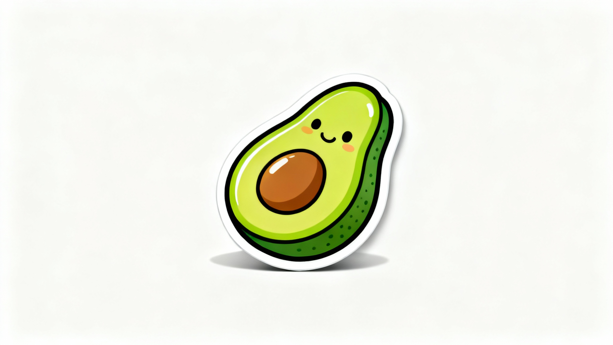 A cute cartoon avocado sticker with a prominent thick white outline, shown on a plain white background to illustrate the sticker outline feature.