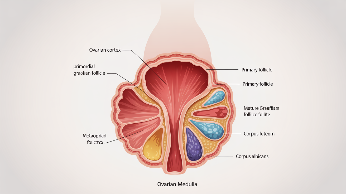 A professional medical diagram of a human ovary in cross-section, showing and labeling the cortex, medulla, various stages of follicles, the corpus luteum, and corpus albicans.