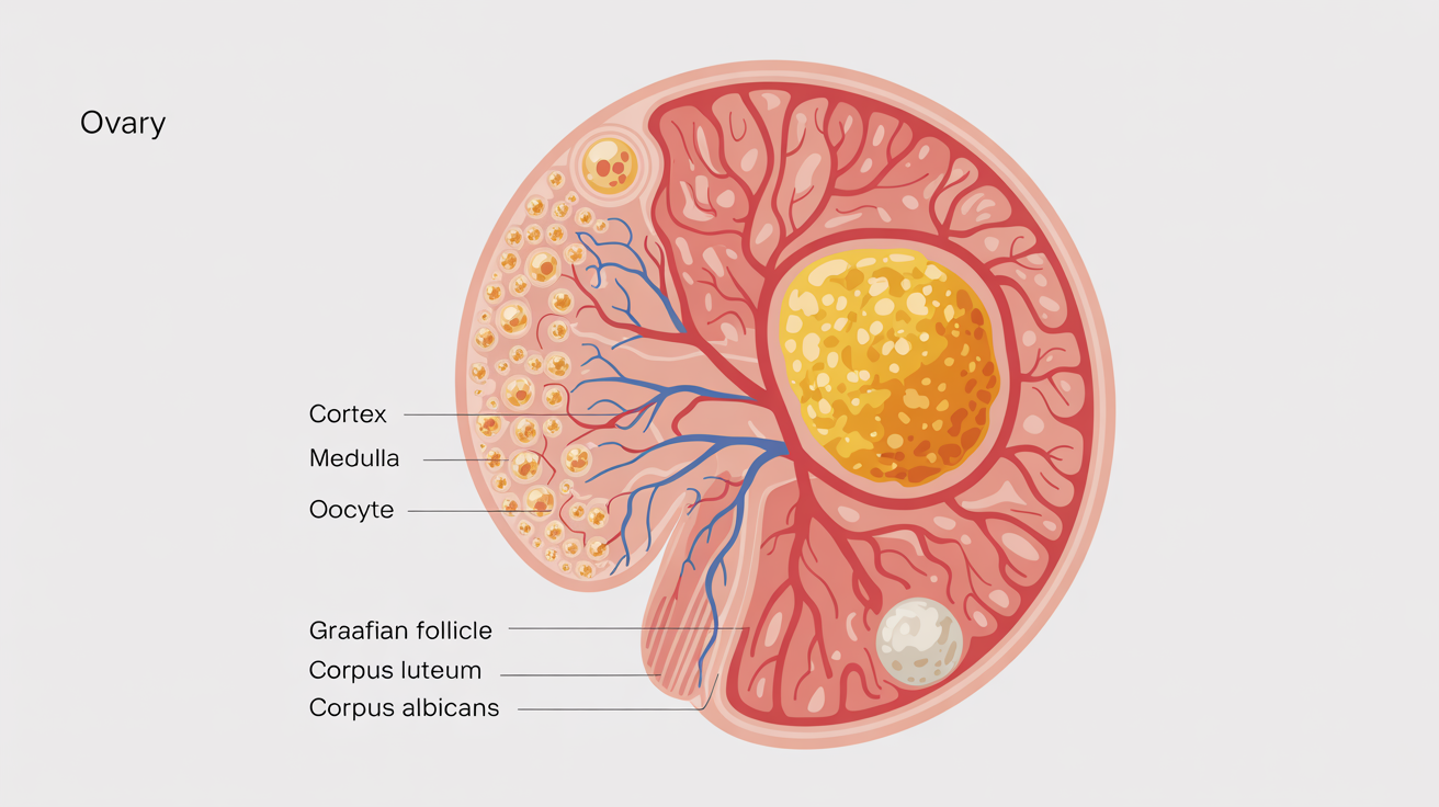 A detailed medical diagram showing a cross-section of a human ovary. It illustrates the different stages of follicular development, including the Graafian follicle and corpus luteum, with clear labels against a white background.