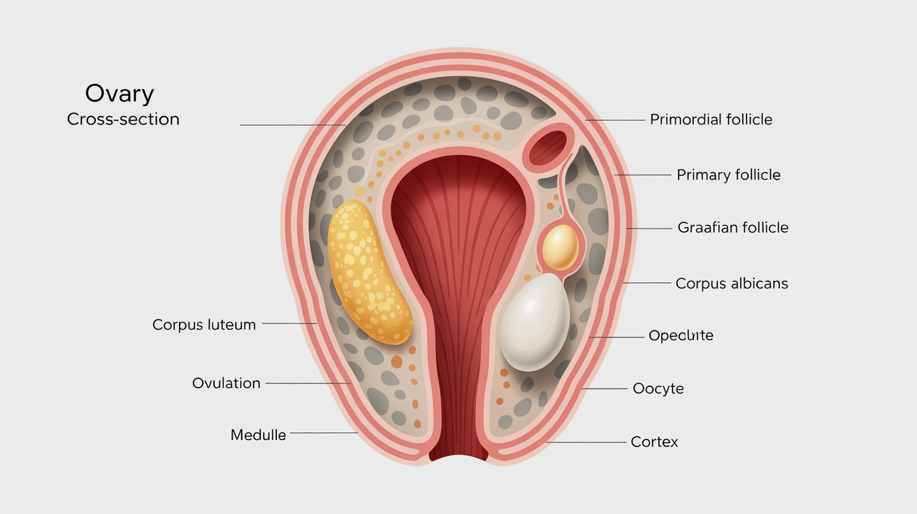 A detailed medical illustration showing a cross-section of a human ovary. Various stages of follicle development, from primordial follicle to the corpus luteum, are clearly labeled on a white background.