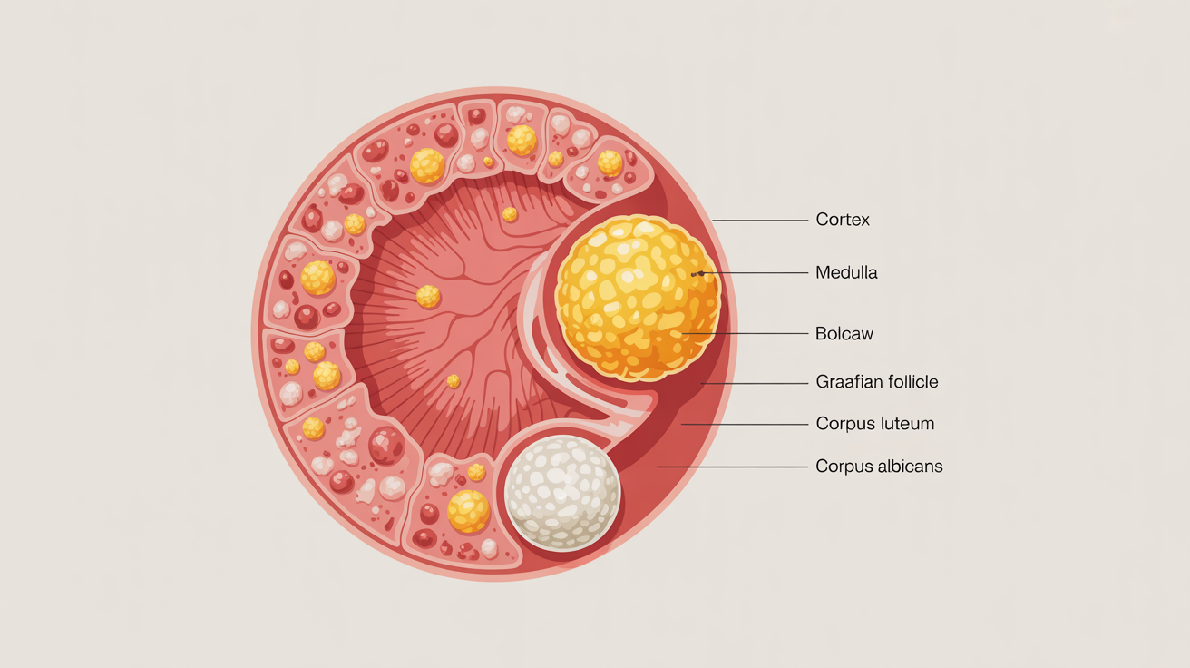 A detailed medical diagram showing a cross-section of the human ovary, with clear labels for the cortex, medulla, Graafian follicle, and corpus luteum, all against a clean white background.