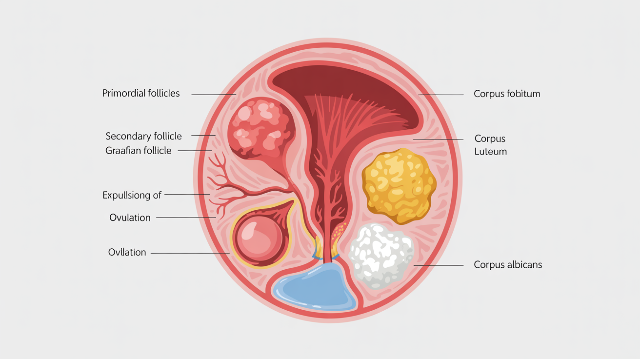 A detailed medical diagram showing a cross-section of a human ovary. Key anatomical parts are illustrated and labeled, including follicles in various stages, the corpus luteum, and the medulla.