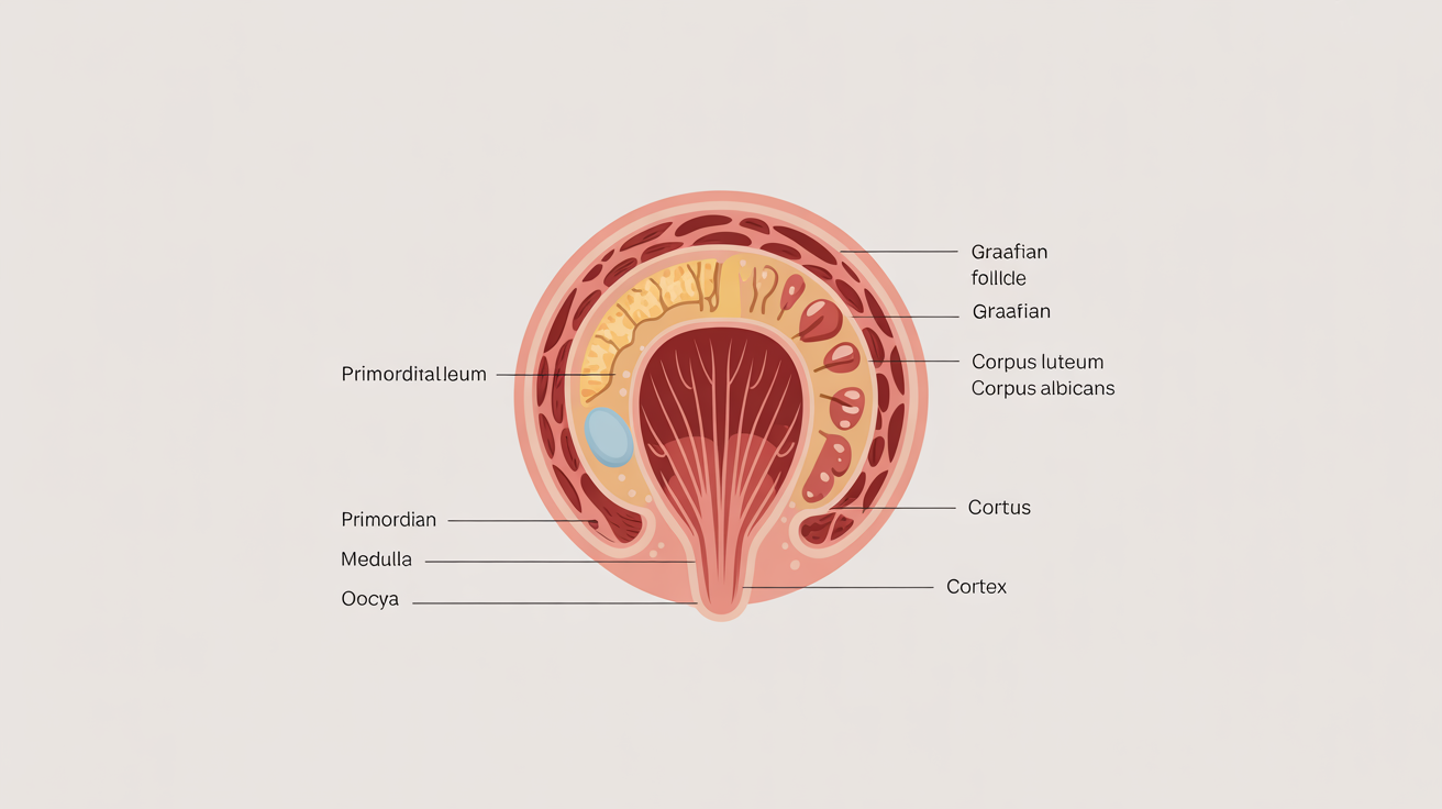 A detailed medical diagram showing a cross-section of a human ovary, illustrating the stages of the ovarian cycle including follicles, the corpus luteum, and ovulation.
