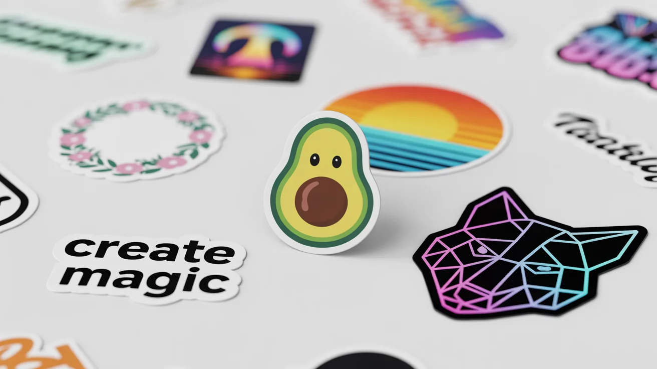 A collection of colorful, custom-designed die-cut stickers scattered on a clean white background, showcasing the creative possibilities of a sticker maker tool.
