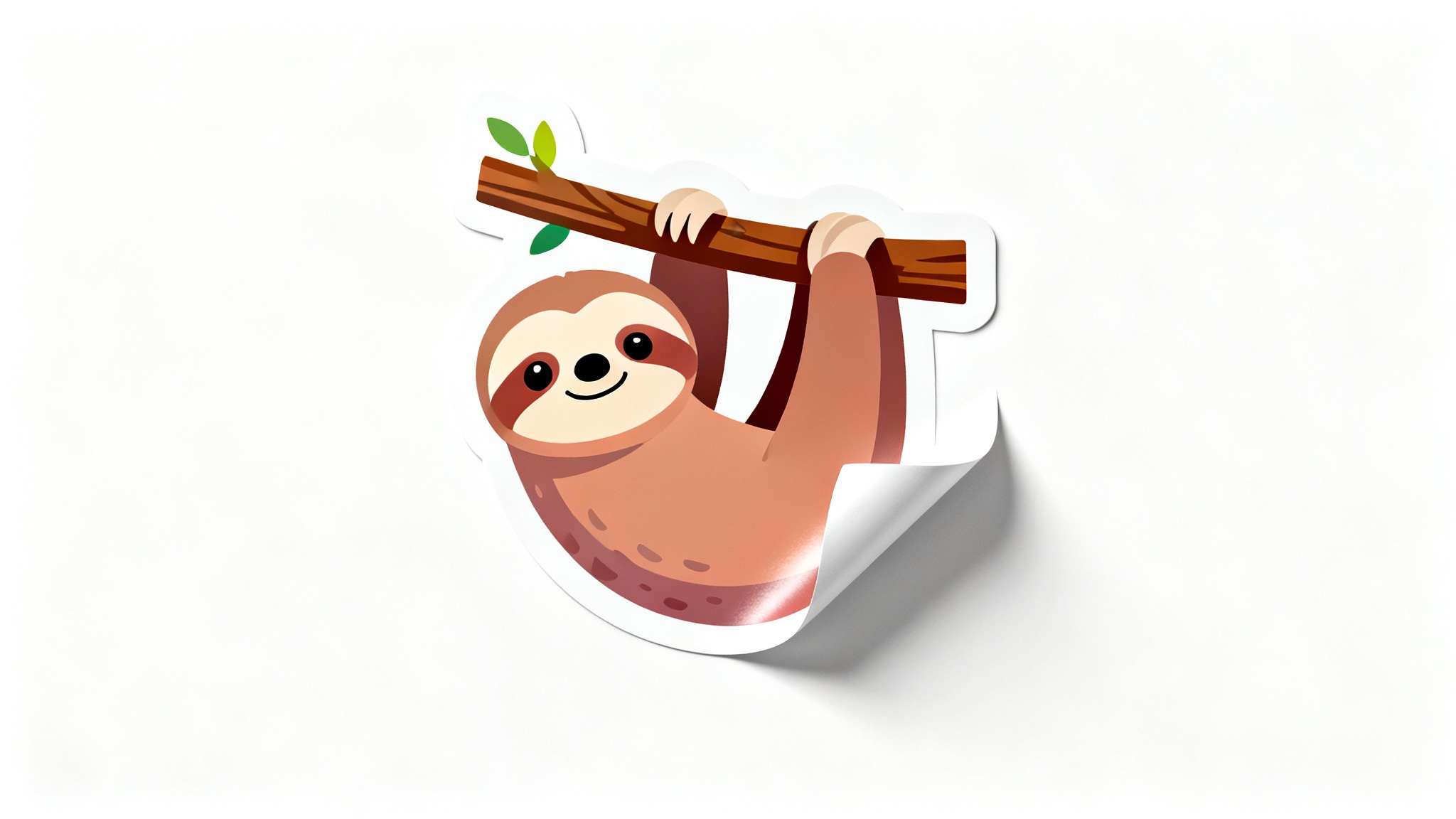 A high-quality, die-cut sticker of a cute cartoon sloth hanging from a branch, with a glossy finish and a slight peel on one corner, displayed on a plain white background.
