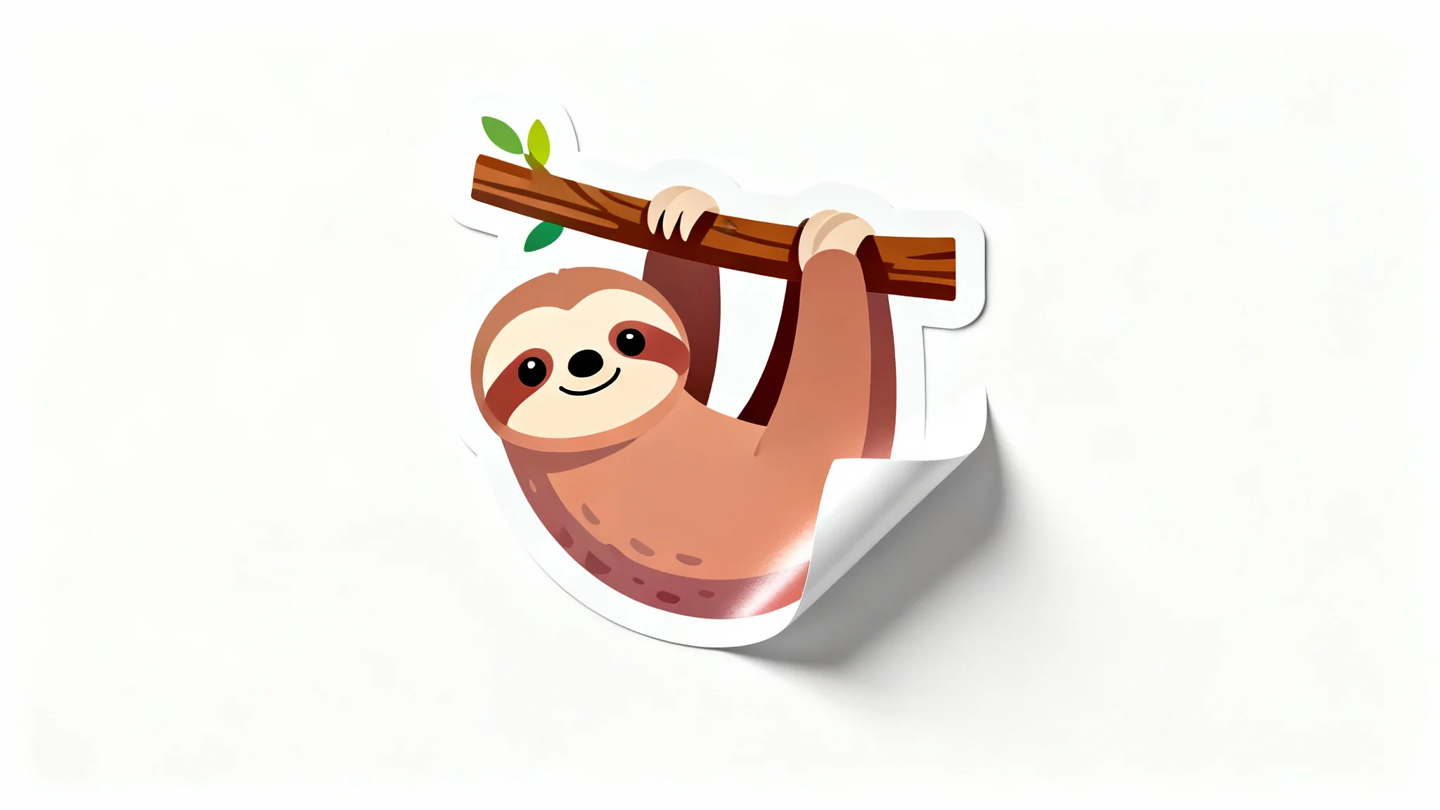 A high-quality, die-cut sticker of a cute cartoon sloth hanging from a branch, with a glossy finish and a slight peel on one corner, displayed on a plain white background.