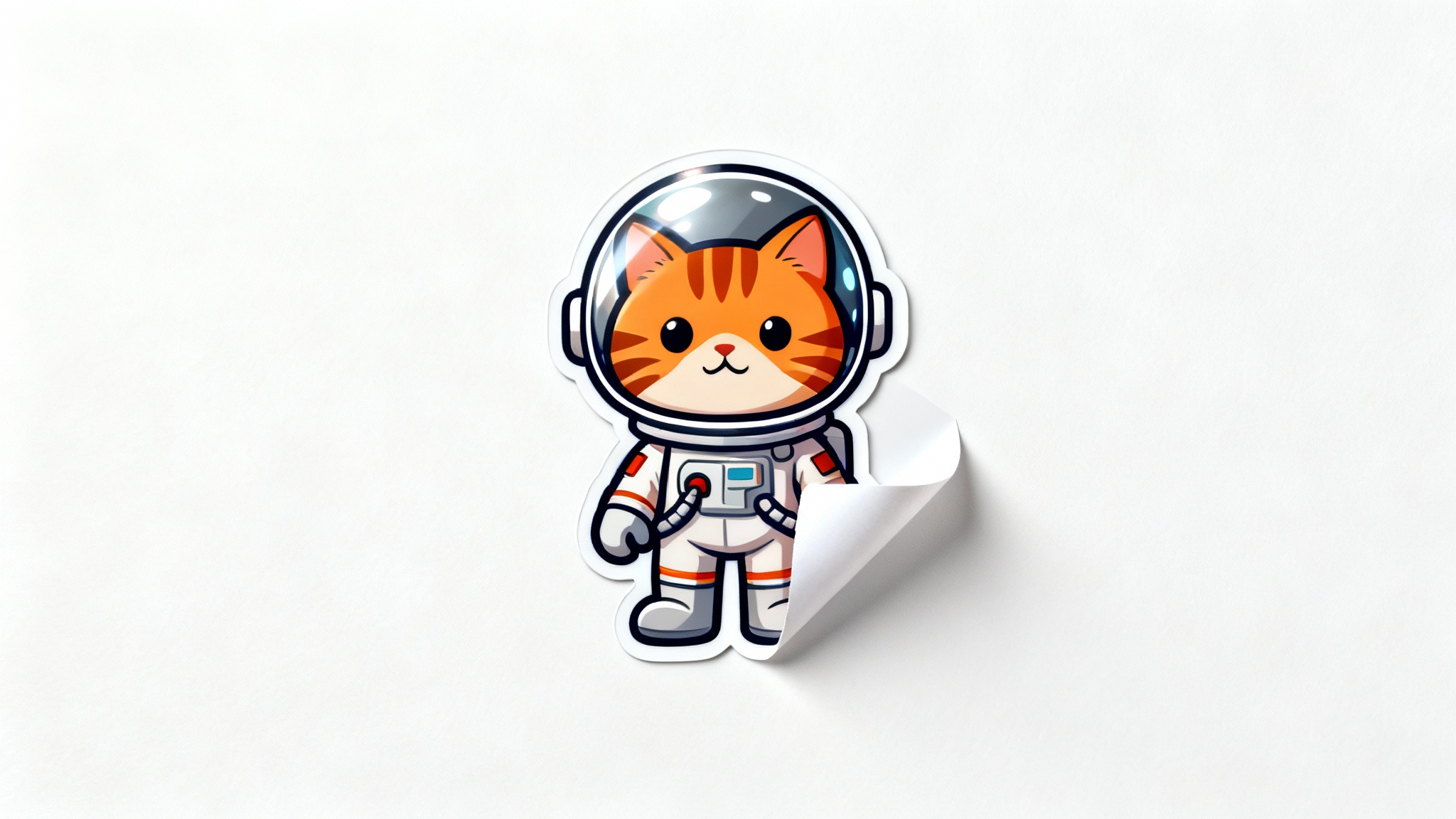 A glossy, die-cut sticker of a cute cartoon ginger cat wearing an astronaut helmet, peeling off a white backing paper on a clean white background.