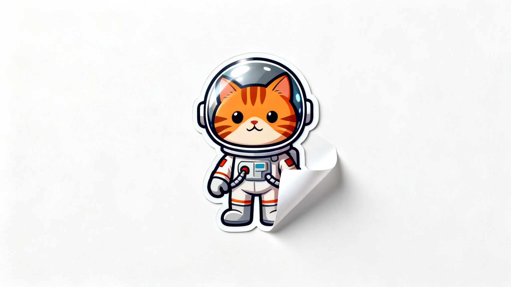 A glossy, die-cut sticker of a cute cartoon ginger cat wearing an astronaut helmet, peeling off a white backing paper on a clean white background.