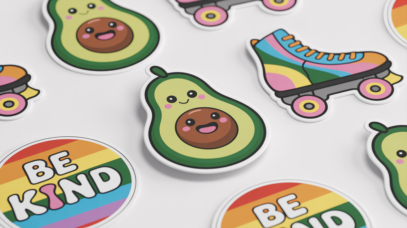 A collection of colorful die-cut vinyl stickers on a white background, featuring a smiling avocado, a retro roller skate, and a circular sticker with the words 'BE KIND'.