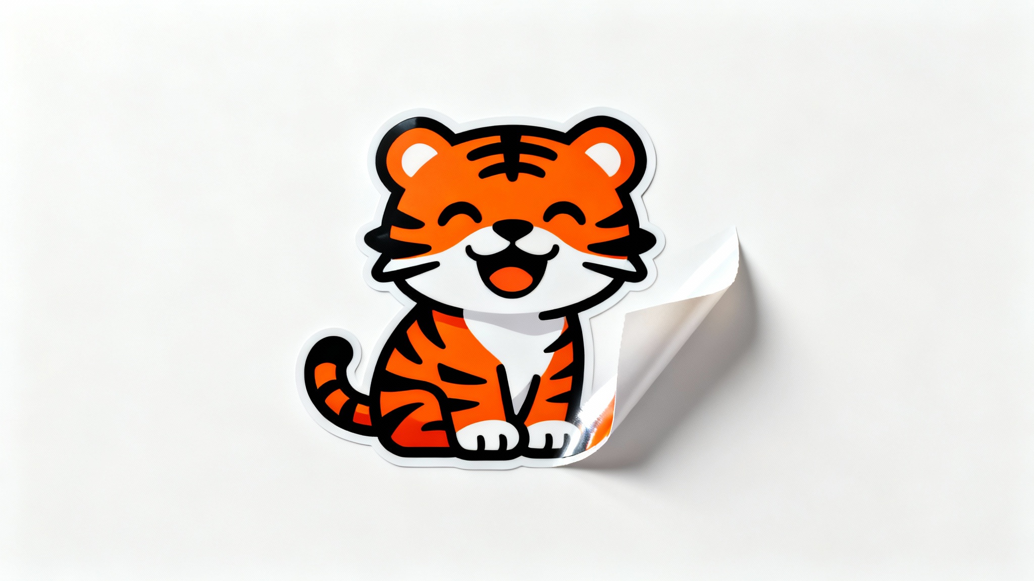 A photorealistic mockup of a glossy, die-cut sticker featuring a cartoon tiger, placed on a white background with one corner slightly peeled up.