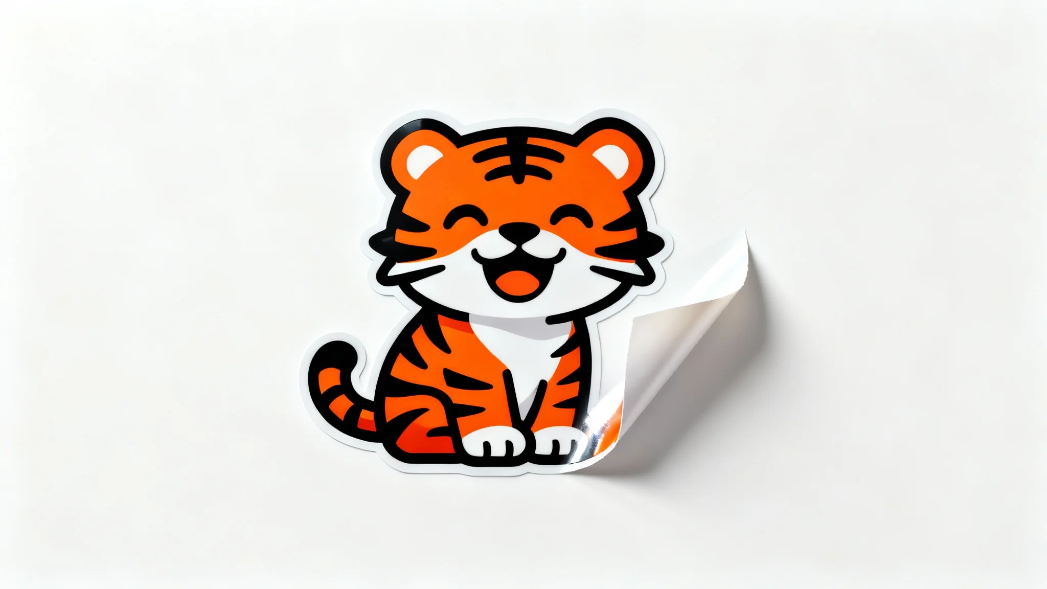 A photorealistic mockup of a glossy, die-cut sticker featuring a cartoon tiger, placed on a white background with one corner slightly peeled up.