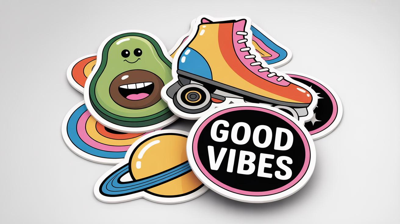 A collection of colorful, glossy die-cut stickers scattered on a white background, including a smiling avocado, a roller skate, a planet, and a sticker that says 'GOOD VIBES'.