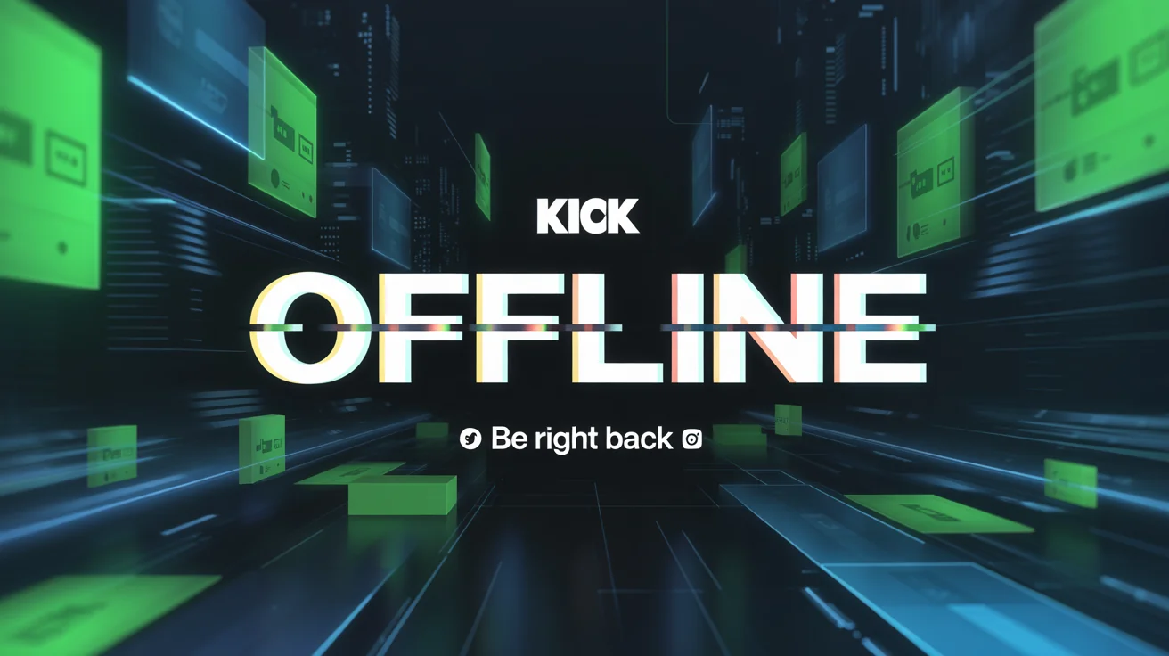 A professionally designed offline banner for the Kick streaming platform. It features a dark, futuristic gaming theme with neon green highlights. The word "OFFLINE" is displayed prominently in the center, with "Be Right Back" and social media icons below.