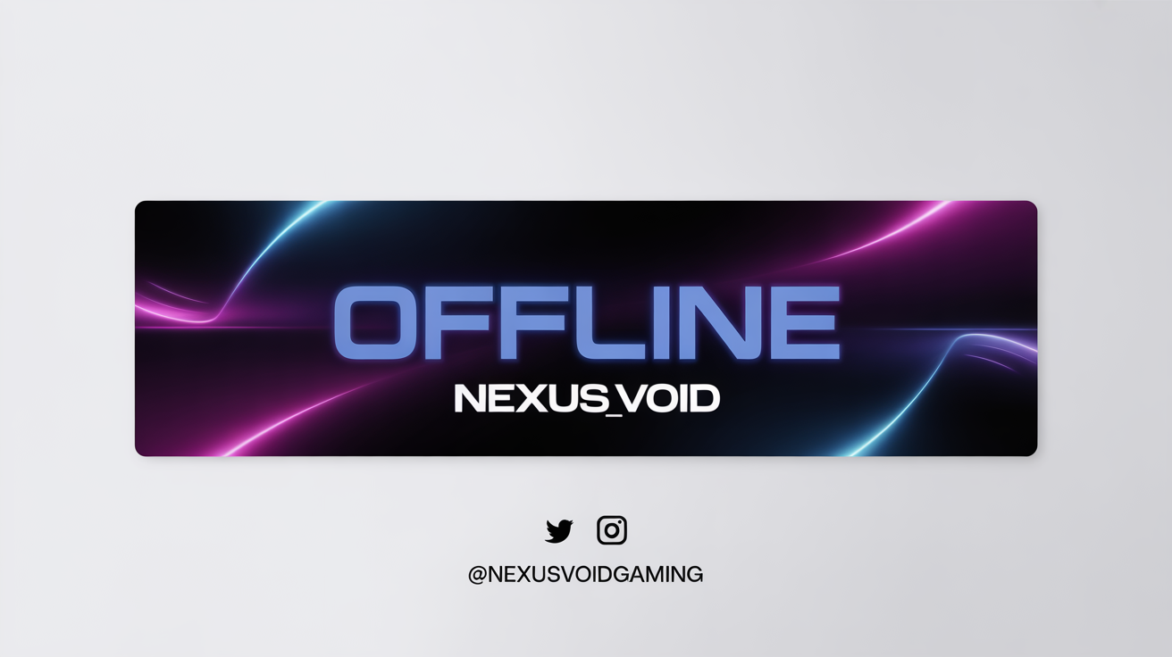 A mockup of a futuristic offline banner for a Kick streaming channel. The banner has a dark, high-tech background with neon lights, displaying the text 'OFFLINE', the streamer name 'NEXUS_VOID', and social media handles.