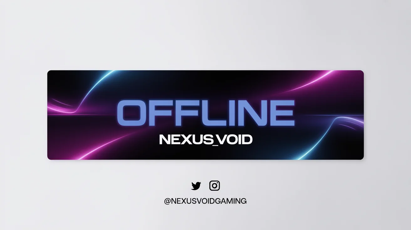 A mockup of a futuristic offline banner for a Kick streaming channel. The banner has a dark, high-tech background with neon lights, displaying the text 'OFFLINE', the streamer name 'NEXUS_VOID', and social media handles.