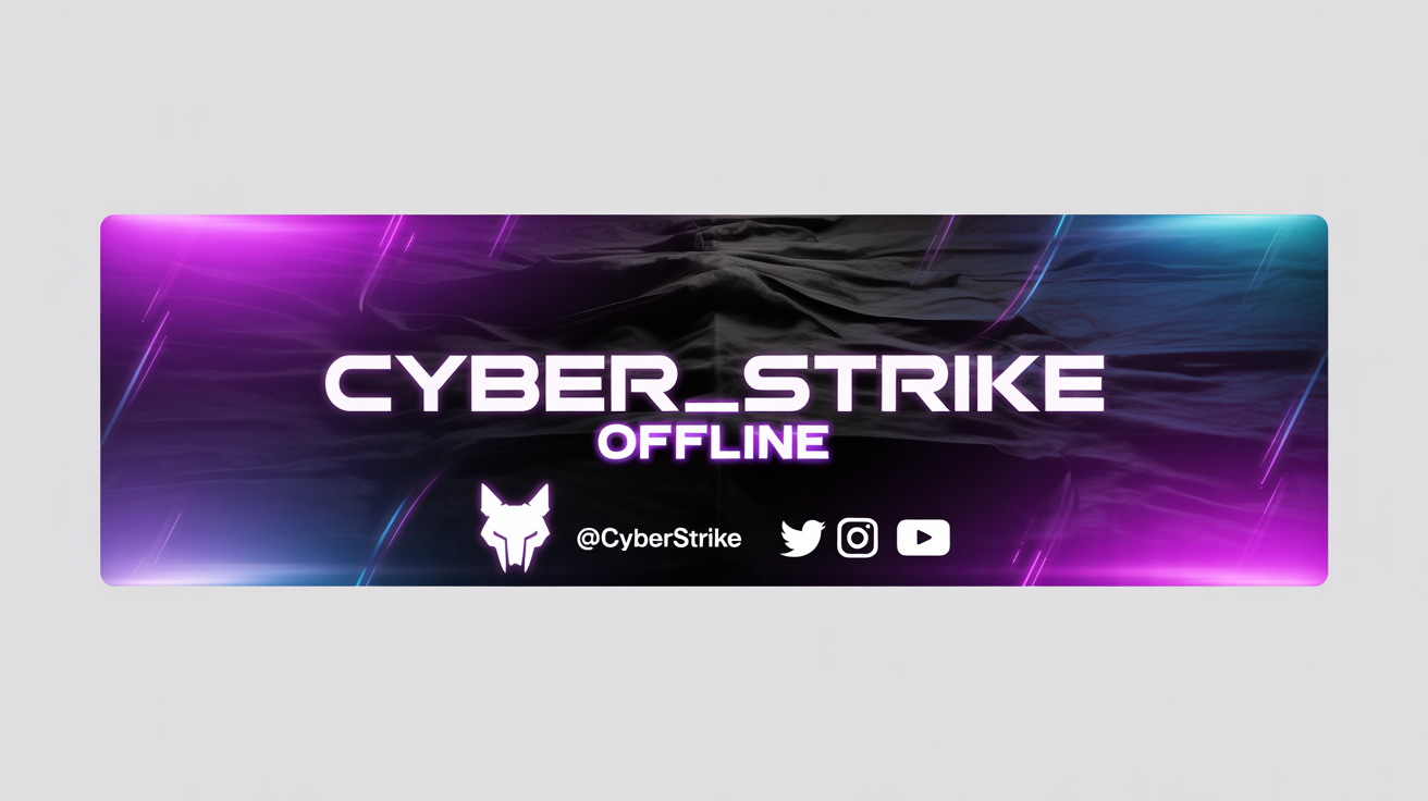 A mockup of a futuristic offline banner for a Kick streamer named 'CYBER_STRIKE', featuring a purple and blue neon color scheme and a cybernetic wolf logo on a dark background.