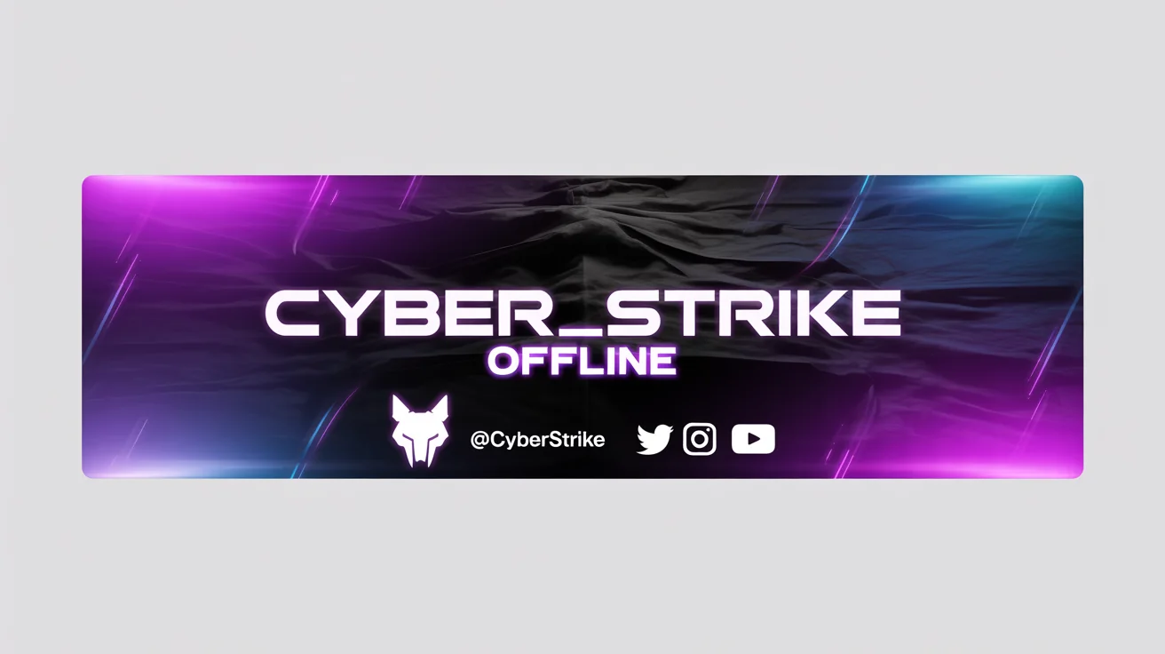 A mockup of a futuristic offline banner for a Kick streamer named 'CYBER_STRIKE', featuring a purple and blue neon color scheme and a cybernetic wolf logo on a dark background.