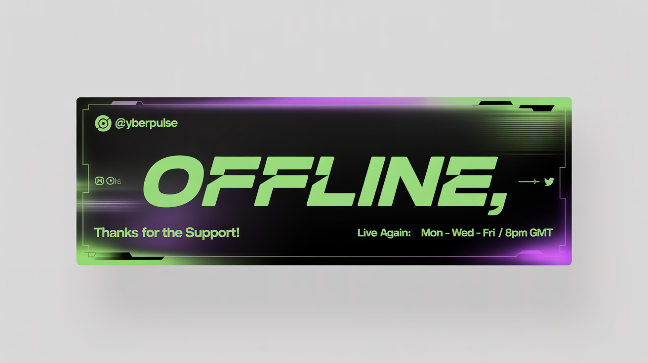 A mockup of a Kick offline banner on a white background. The banner has a dark, futuristic design with neon green accents and features the text 'OFFLINE' and a fictional streamer's social media handles and schedule.