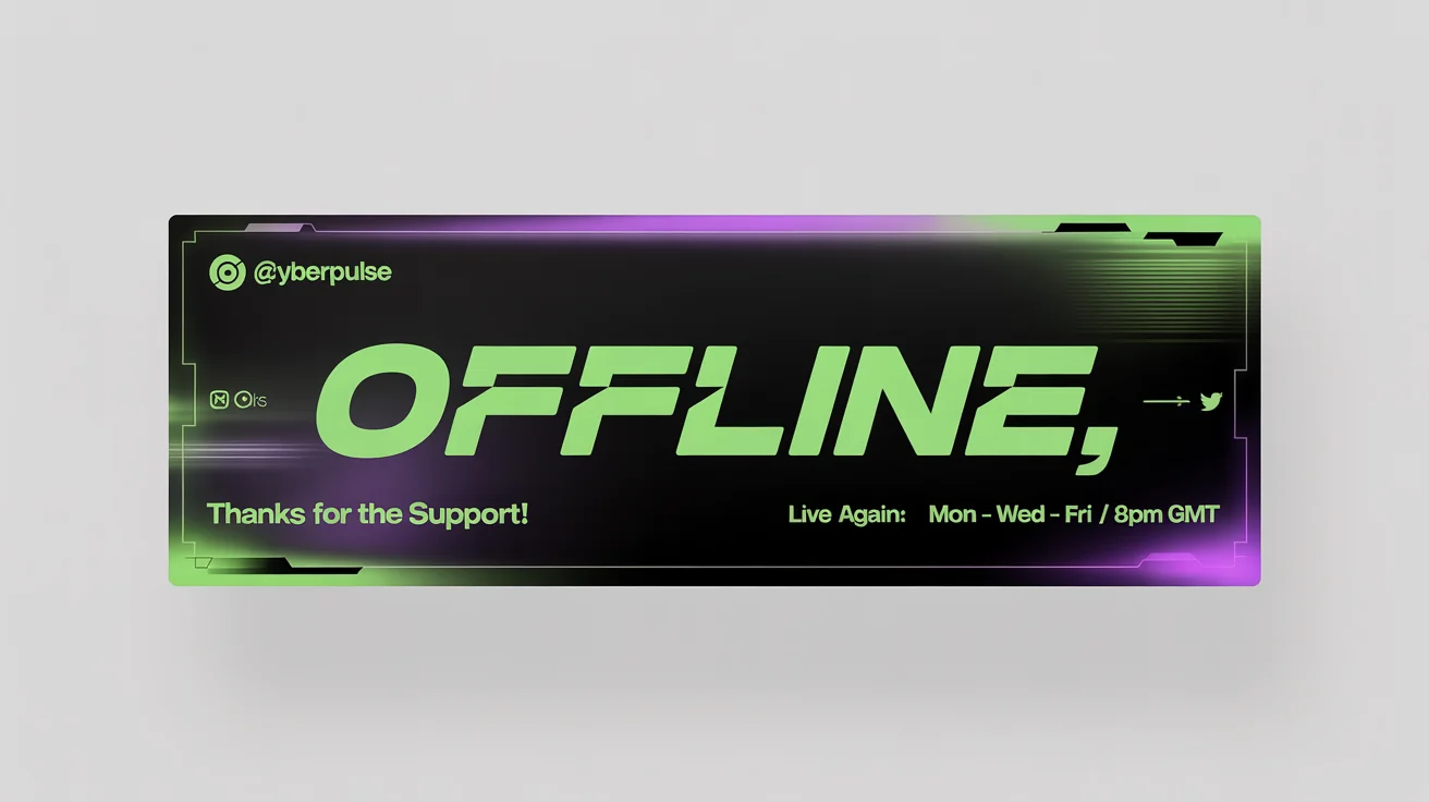 A mockup of a Kick offline banner on a white background. The banner has a dark, futuristic design with neon green accents and features the text 'OFFLINE' and a fictional streamer's social media handles and schedule.