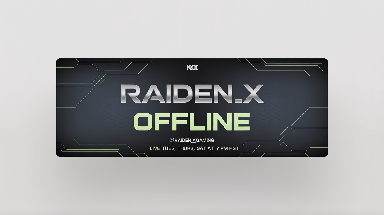 A mockup of a professional offline banner for the Kick streaming platform, featuring a futuristic gaming design with the streamer name 'RAIDEN_X' and the status 'OFFLINE'.
