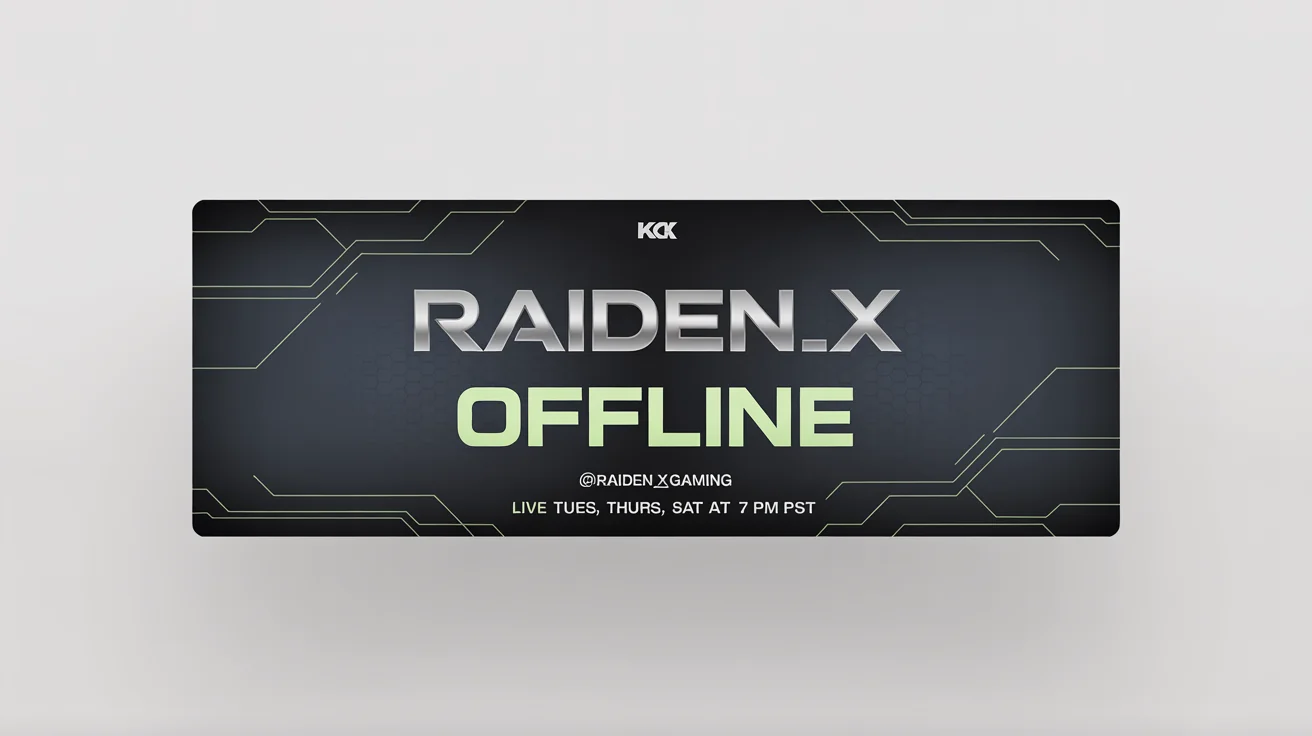 A mockup of a professional offline banner for the Kick streaming platform, featuring a futuristic gaming design with the streamer name 'RAIDEN_X' and the status 'OFFLINE'.