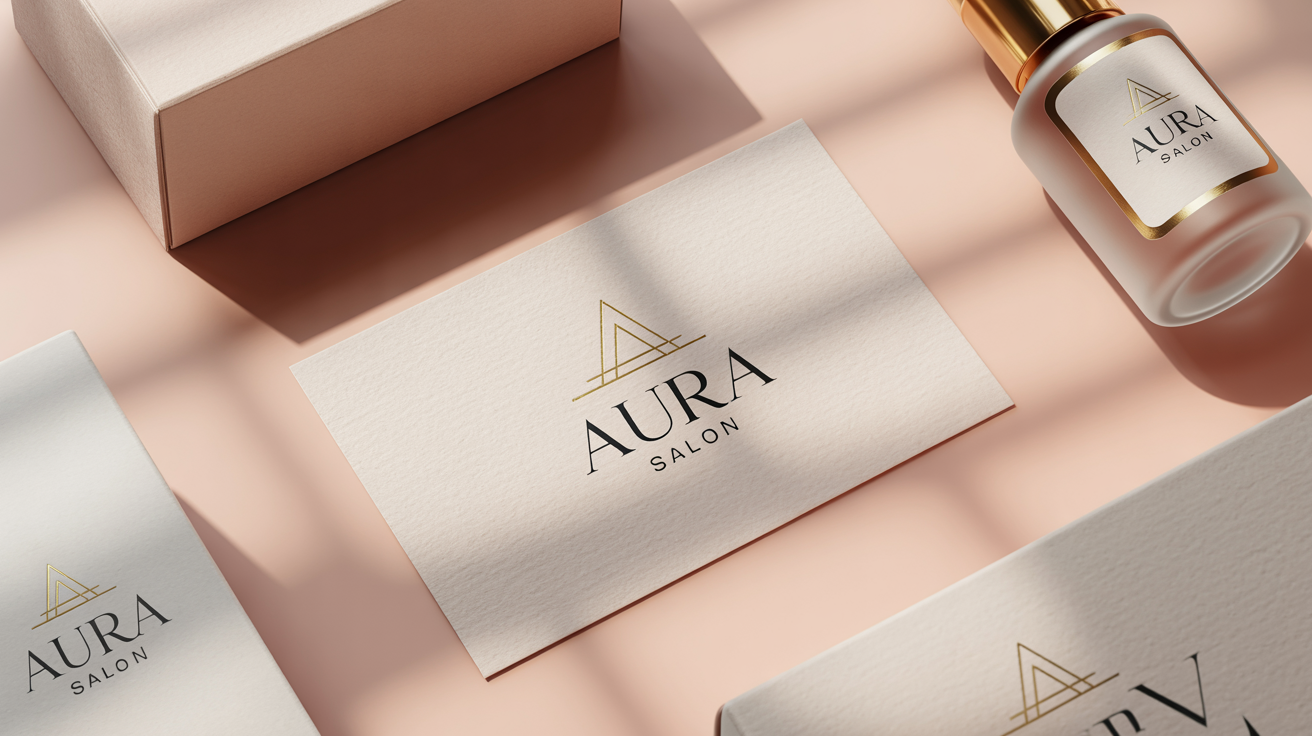 A flat lay of professional branding materials for a beauty salon named 'AURA SALON', featuring a gold foil logo on a business card, product bottle, and box against a blush pink background.