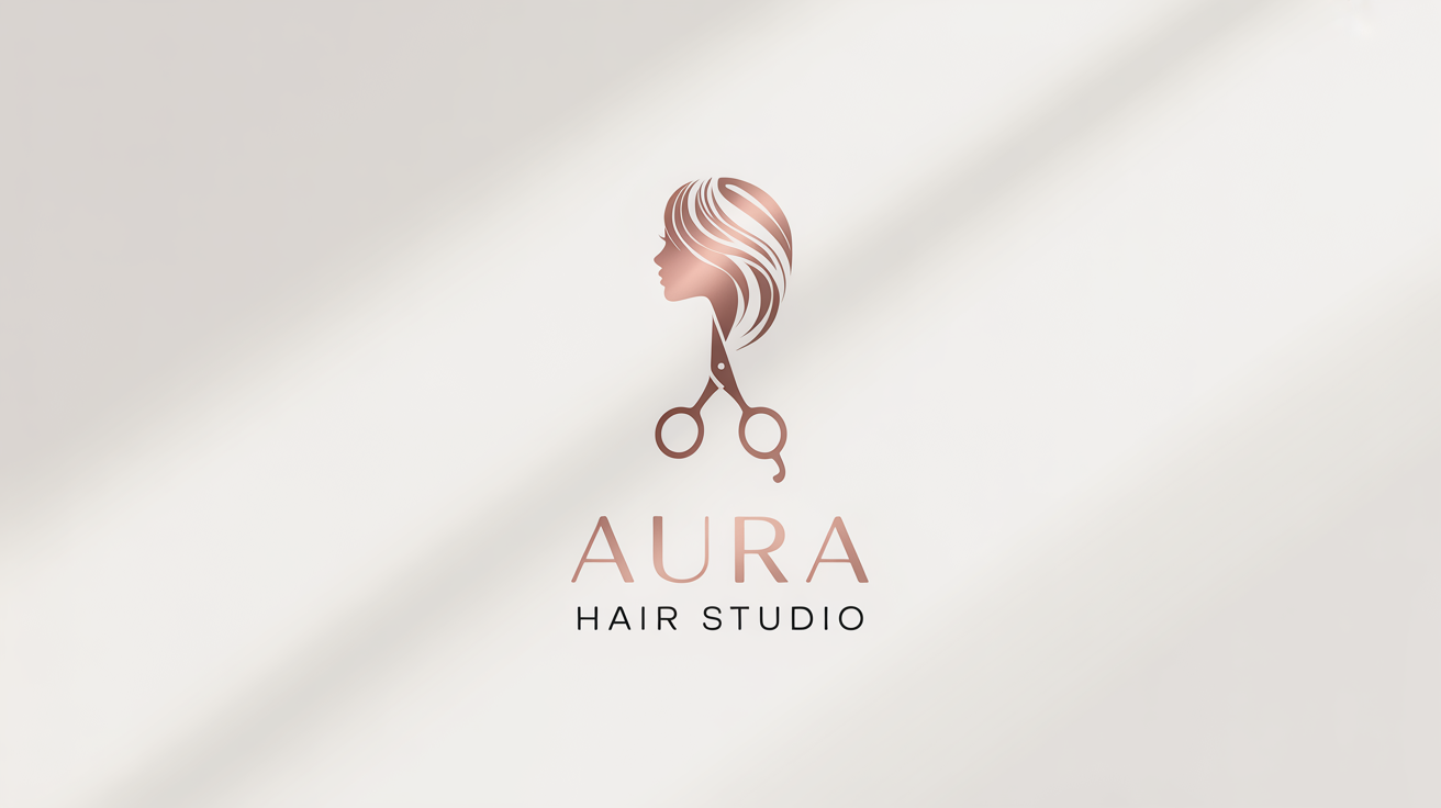 A modern logo mockup for a hair salon named 'AURA HAIR STUDIO' on a white background. The rose gold logo shows a woman's profile with hair flowing into the shape of scissors.