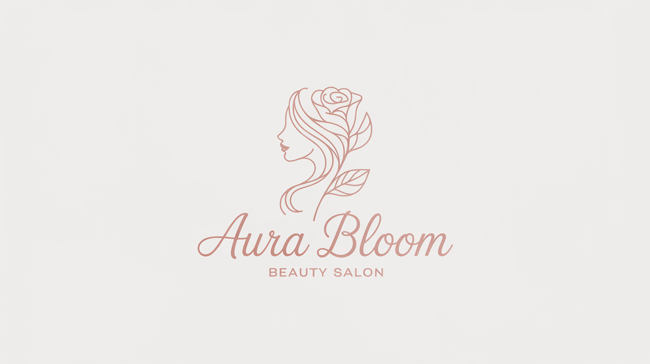 A chic, rose gold logo for a beauty salon named 'Aura Bloom', featuring a line art design of a woman's profile and a flower, presented on a white background.