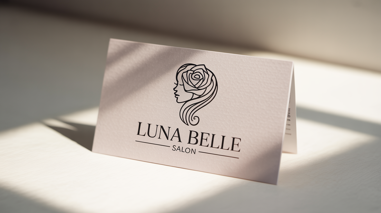 A modern, elegant salon logo for 'Luna Belle Salon' featuring a woman's profile and a flower, mocked up on a textured white business card against a plain white background.