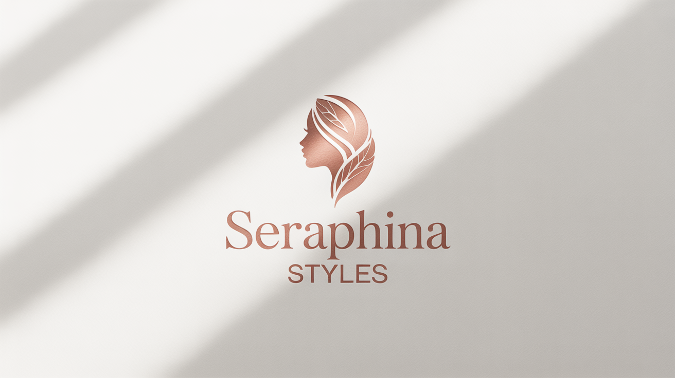 An elegant logo mockup for a hair salon named 'Seraphina Styles'. The logo features a rose gold icon of a woman's profile with flowing hair, set against a plain white background.